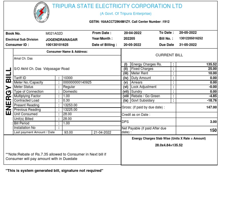 Current Bill (A Govt. of Tripura Enterprise) PDF Electricity Nature