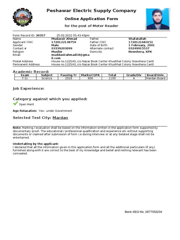 PESCO Online Application Form for Meter Reader Post PDF Cognition