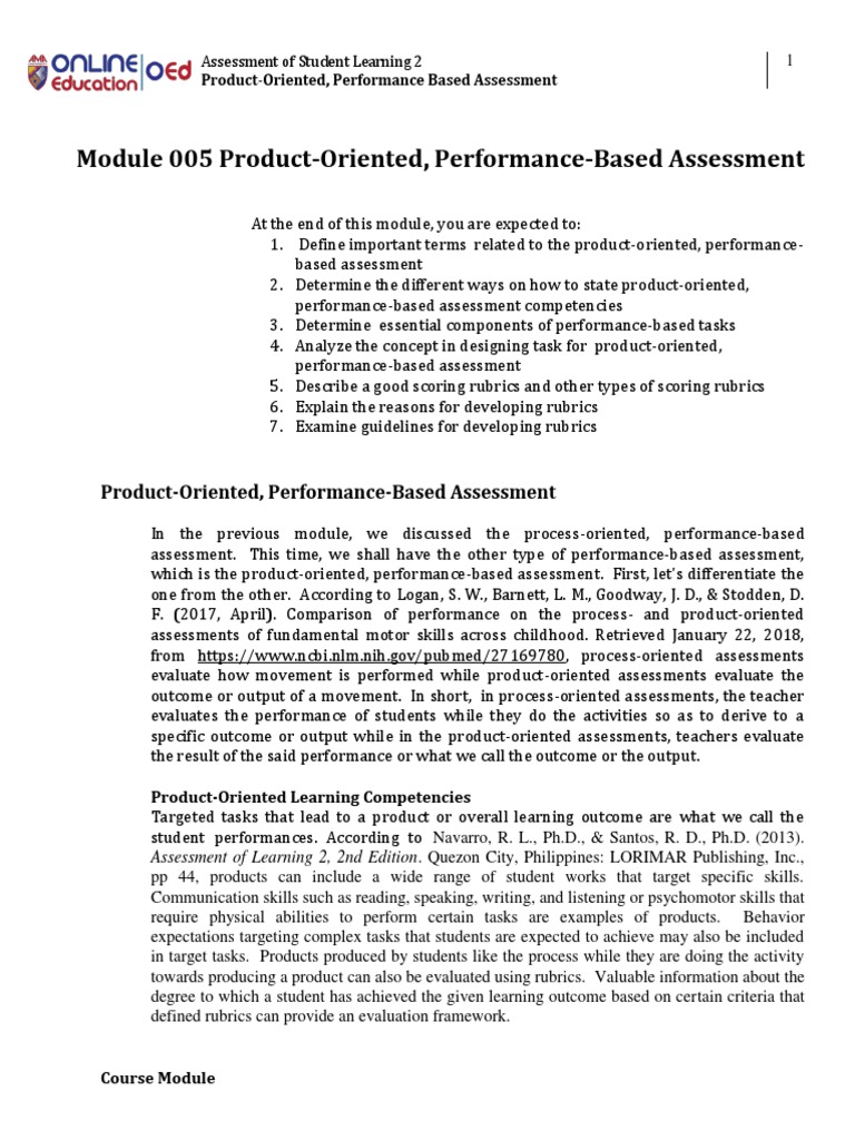 ProductOriented, PerformanceBased Assessment PDF Rubric (Academic