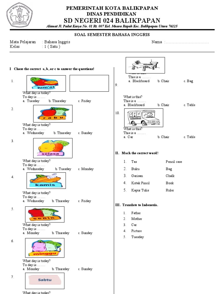  Soal  Bahasa Inggris Kelas  1  Sd  Writing