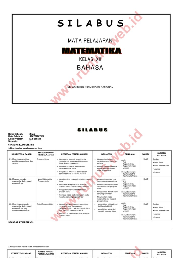 Silabus Matematika Sma Kelas Xii Bahasa