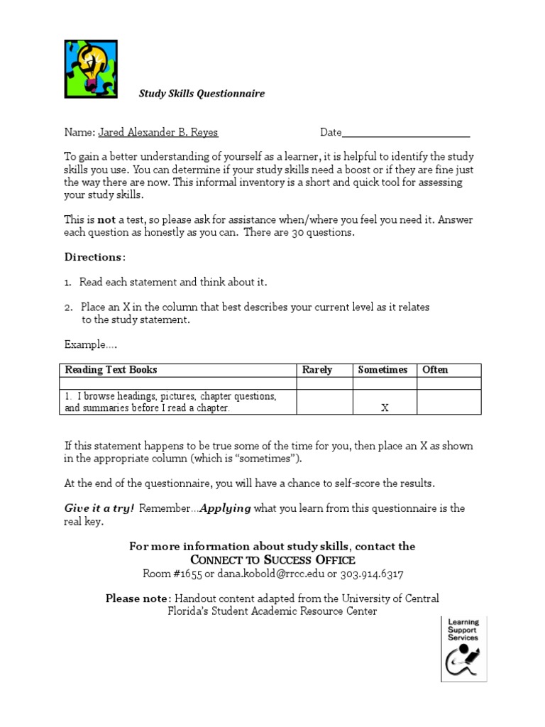 Study Skills Questionnaire: Directions | PDF | Study Skills ...