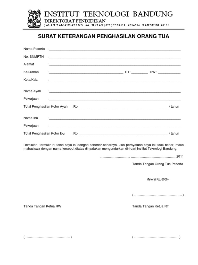 Surat Pernyataan Penghasilan
