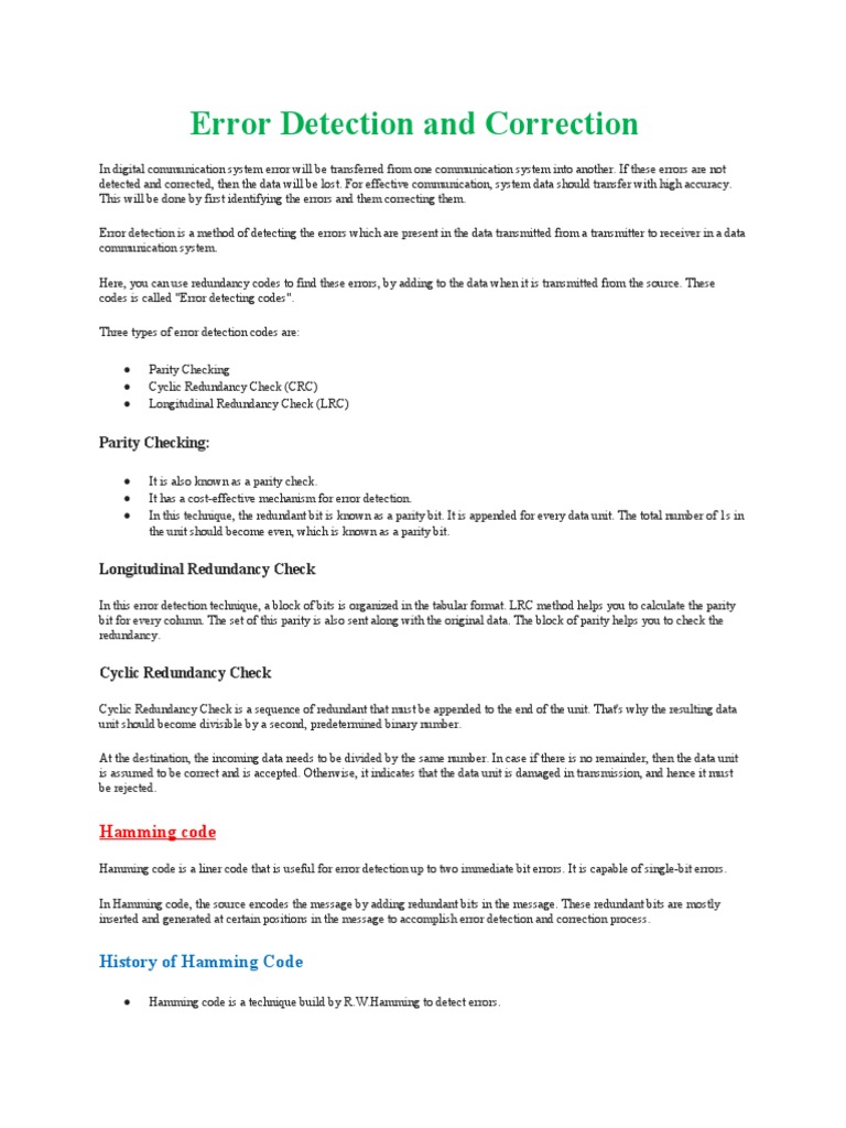 Error Detection and Correction Parity Checking PDF Error Detection