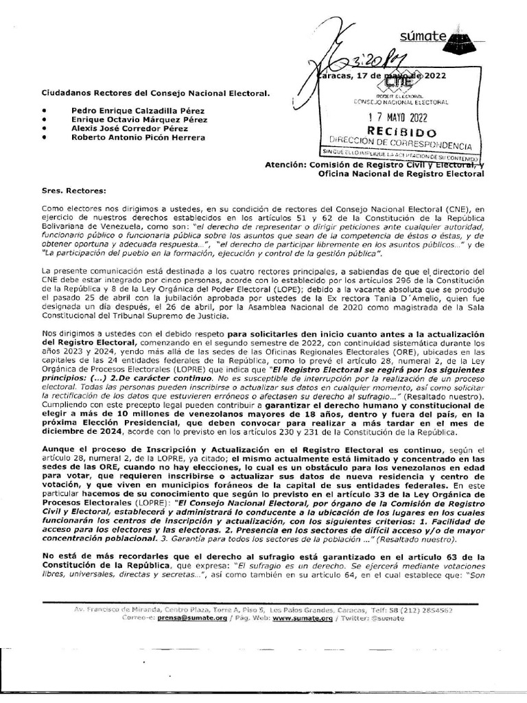 Carta de Sumate Al CNE Solicitud Actualizacion Del Registro Electoral