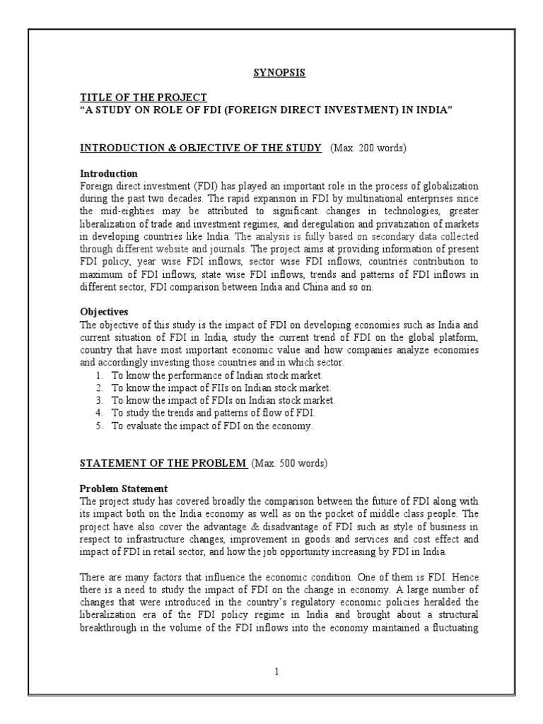 Role of FDI in India Synopsis | PDF | Foreign Direct Investment ...