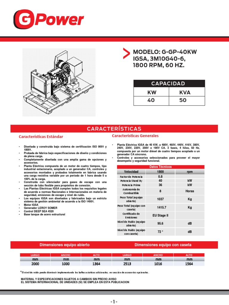 Planta Eléctrica Diésel 40 kW IGSA | PDF | Generador eléctrico ...