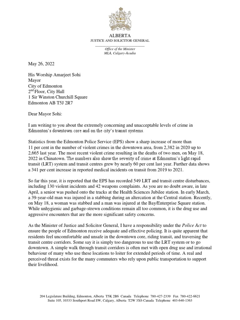 Justice and Solicitor General Letter To Edmonton Mayor Public Safety
