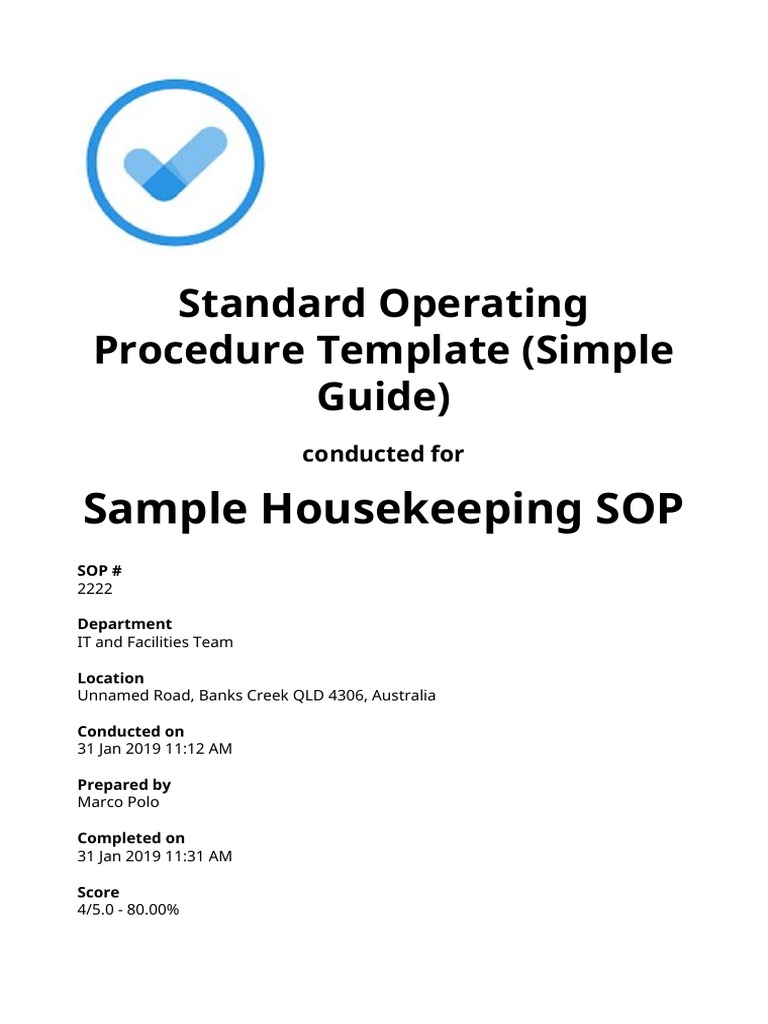 Sample Housekeeping SOP: Standard Operating Procedure Template (Simple ...