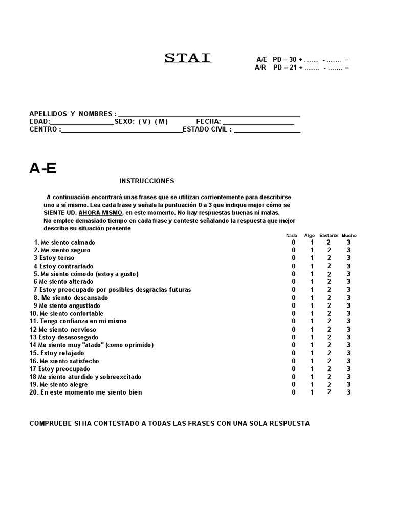 Cuestionario de Ansiedad Estado-Rasgo STAI | PDF