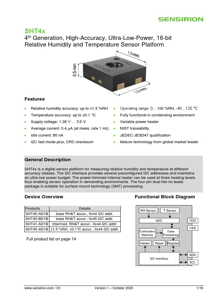 SHT4x: 4 Generation, High-Accuracy, Ultra-Low-Power, 16-Bit