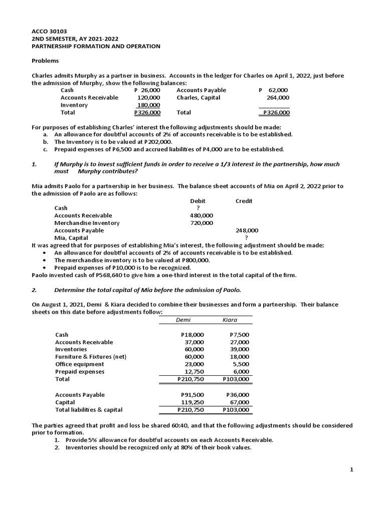 Partnership Formation and Capital Adjustments | PDF | Debits And ...