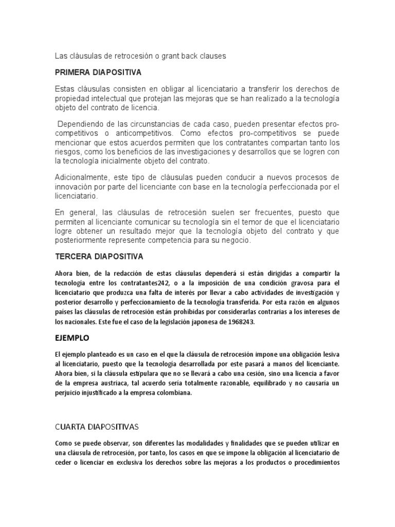 Las Cláusulas de Retrocesión o Grant Back Clauses PDF Innovación