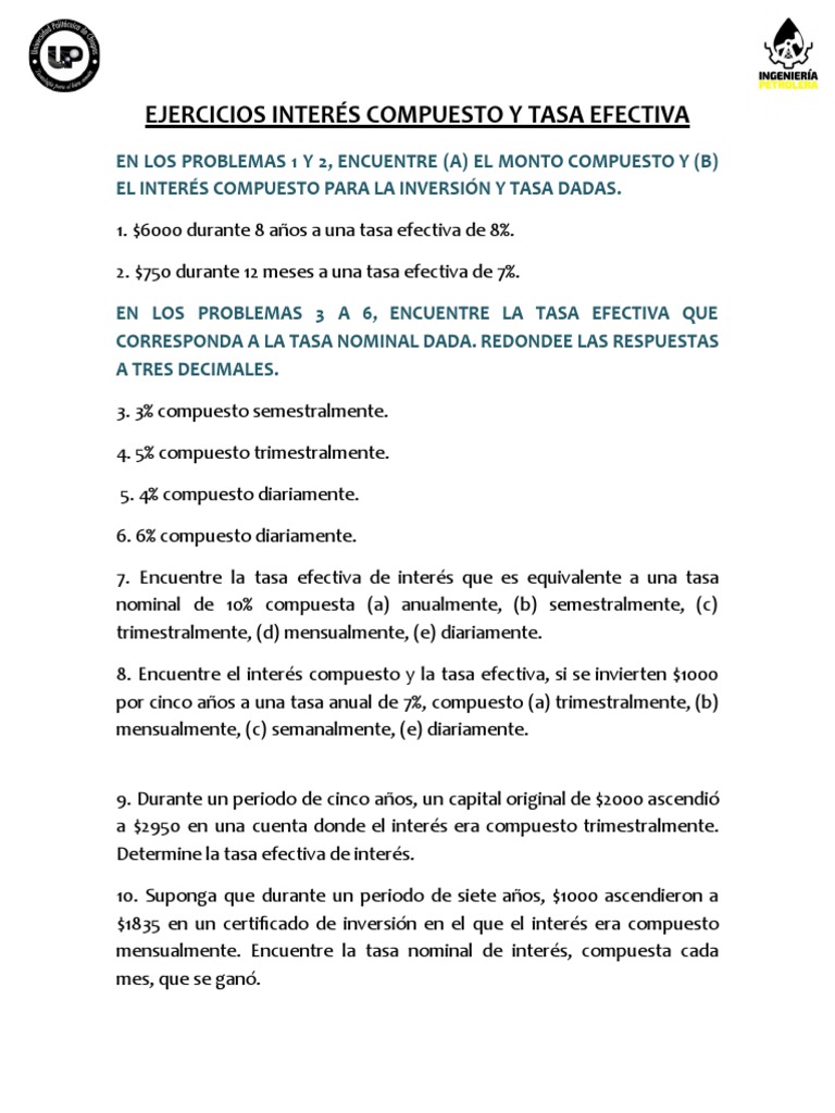 Ejercicios Interés Compuesto y Tasa Efectiva | PDF