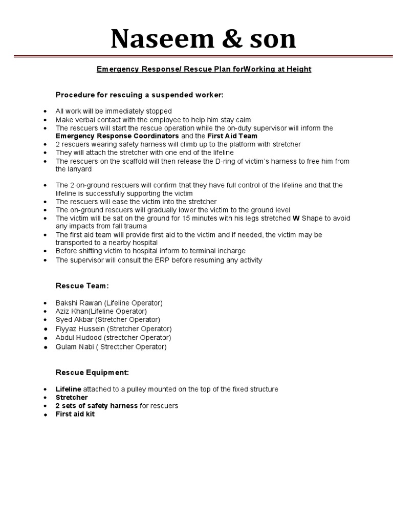 Working at Height Rescue Plan | PDF | Occupational Safety And Health ...