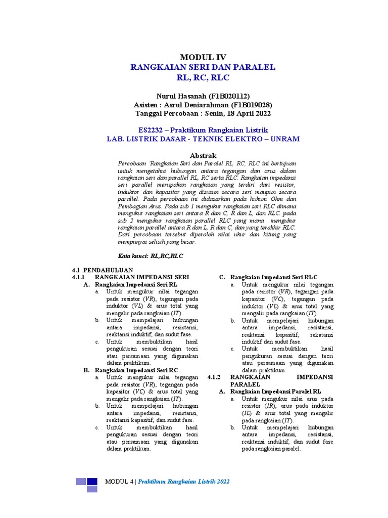 Rangkaian Seri Dan Paralel RL, RC, RLC: Modul Iv | PDF