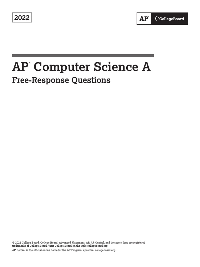 Ap Computer Science A 2022 FRQ PDF Integer Science