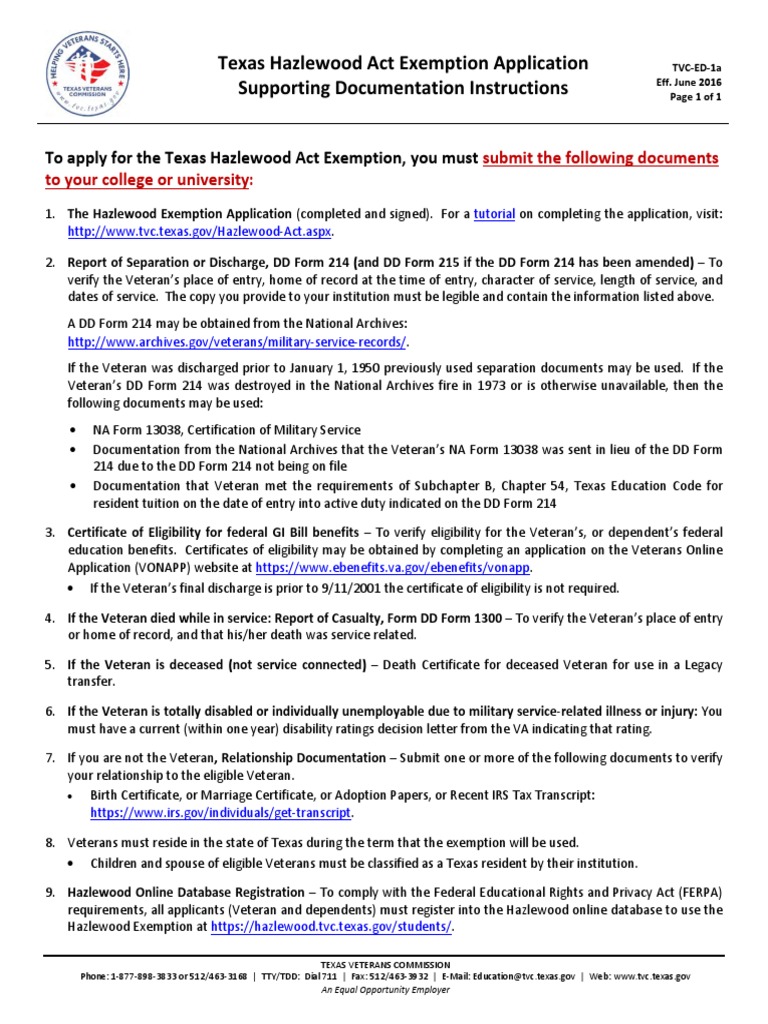 Forms TVC ED 1 and TVC ED 1a Texas Hazlewood Act Exemption Application