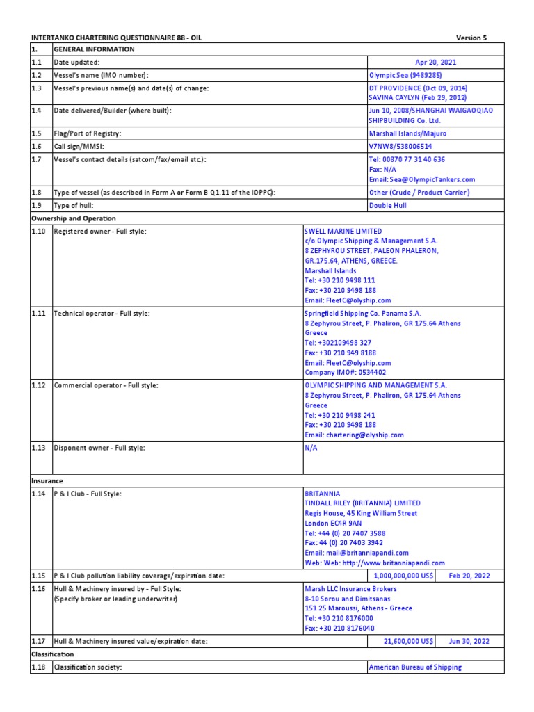Olympic Sea Chartering Questionnaire | PDF | Tonnage | Ships