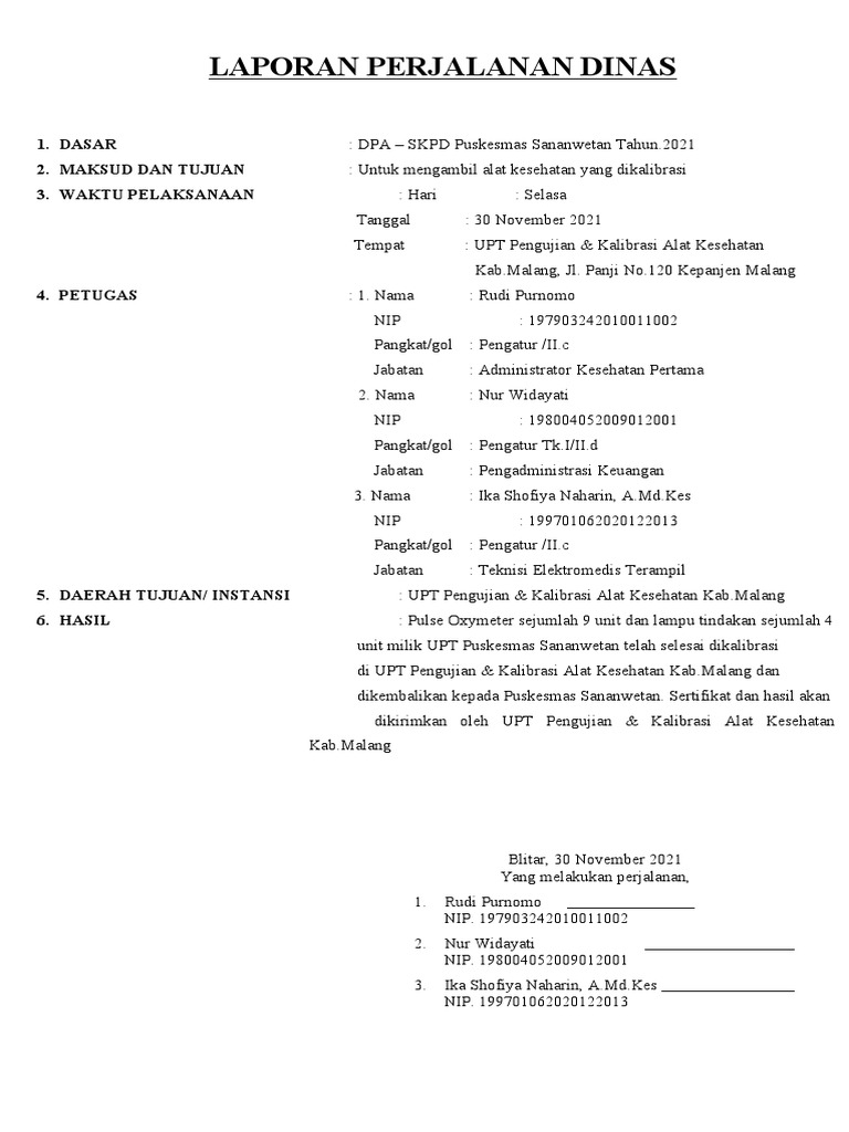 Plaporan Perjadin Kalibrasi 30 Nov | PDF