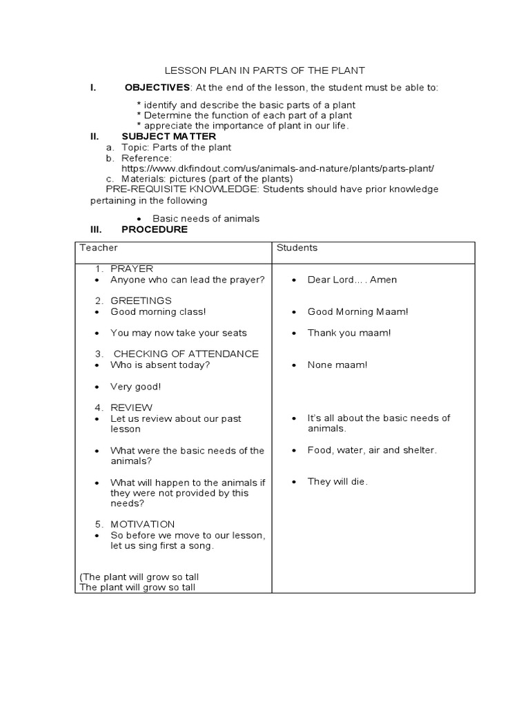 lesson plan in parts of the plant | PDF | Plants | Flowers