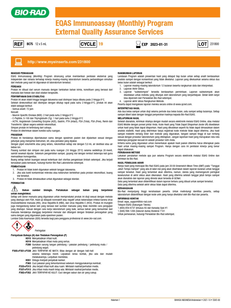 EQAS Immunoassay (Monthly) Program External Quality Assurance Services ...