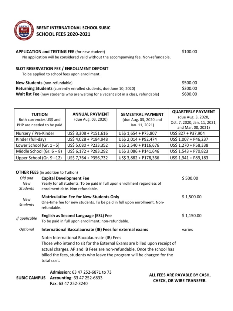 Brent Subic School Fees SY20202021 PDF Fee Tuition Payments
