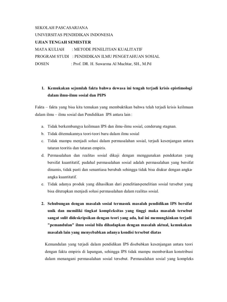 Soal Ujian Tengah Semester Metode Penelitian Kualitatif Soal Ujian Tengah Semester Metode Penelitian Kualitatif