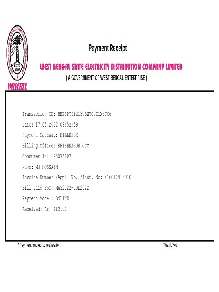 Wbsedcl Electric Bill PDF