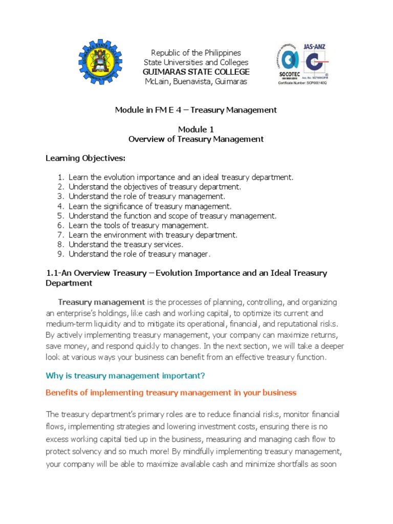 Module 1 Treasury Management | PDF | Investing | Debt