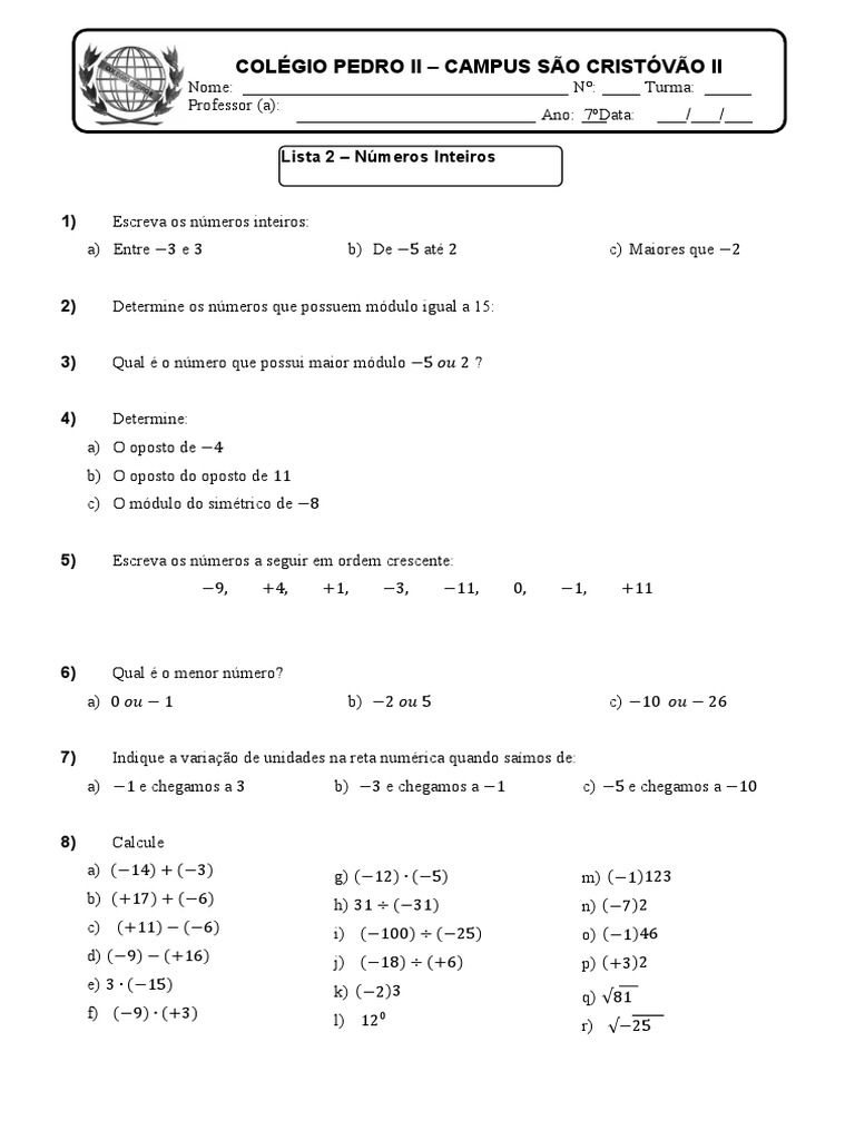 Atividades de Números Inteiros - 7º Ano | PDF