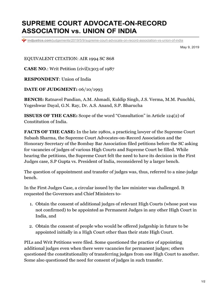 1993 SUPREME COURT ADVOCATEONRECORD ASSOCIATION Vs UNION OF INDIA PDF Supreme Court Of