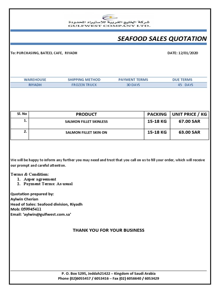 Seafood Quotation for Bateel Cafe | PDF
