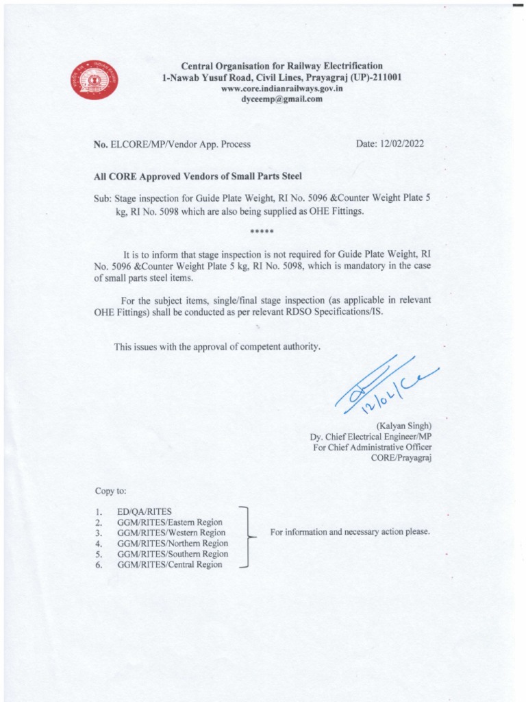 Waiver of Stage Inspection for OHE Fittings | PDF