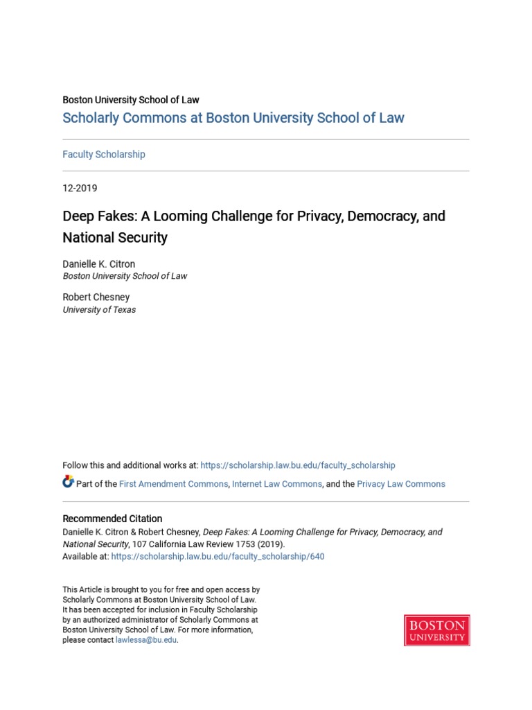 Deep Fakes - A Looming Challenge For Privacy Democracy and Natio | PDF ...