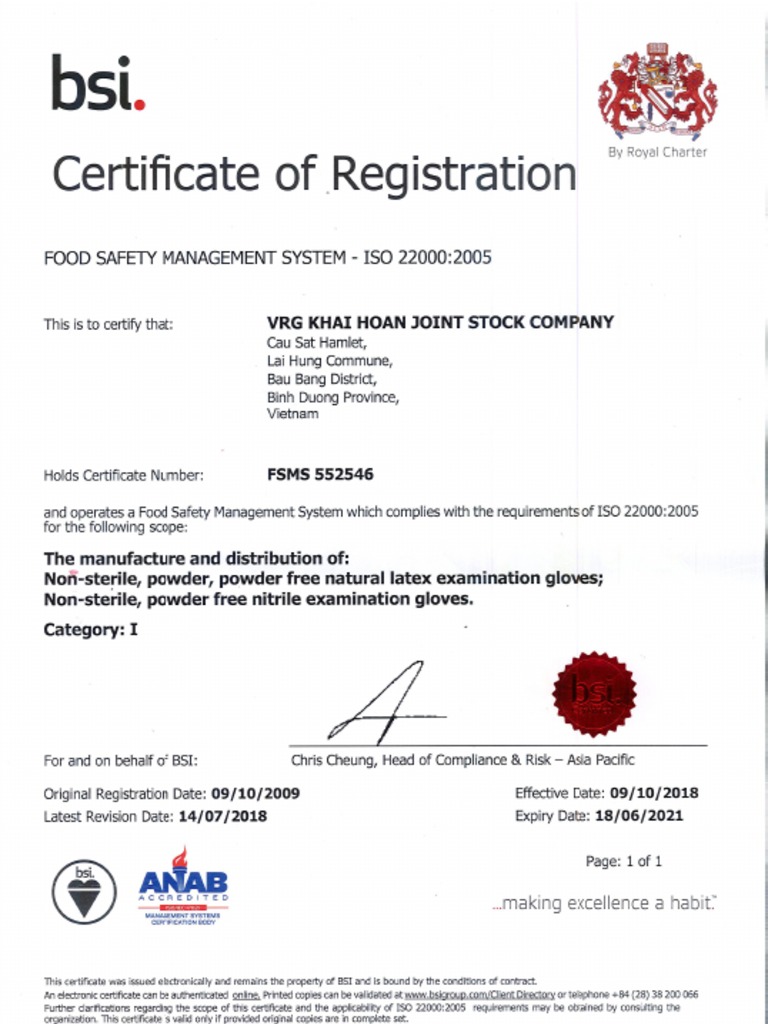 Cong Ty Co Phan VRG Khai Hoan ISO 22000 2005 | PDF