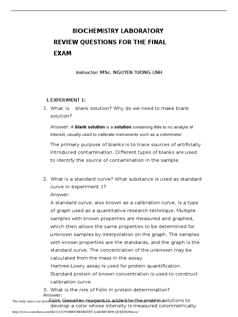 Biochemistry Laboratory Review Questions For The Final Exam Instructor