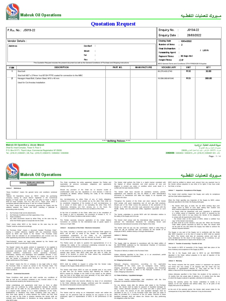 Mabruk Oil Operations Quotation Request | PDF | Indemnity | Insurance