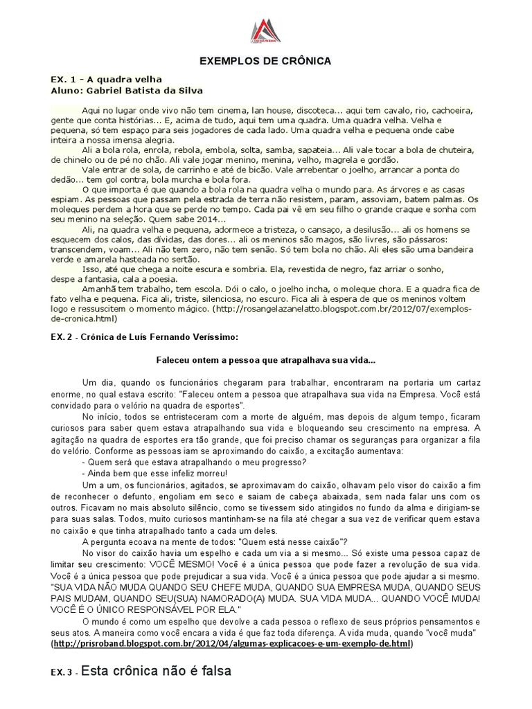 Exemplos de Crônica - 1º Ano | PDF