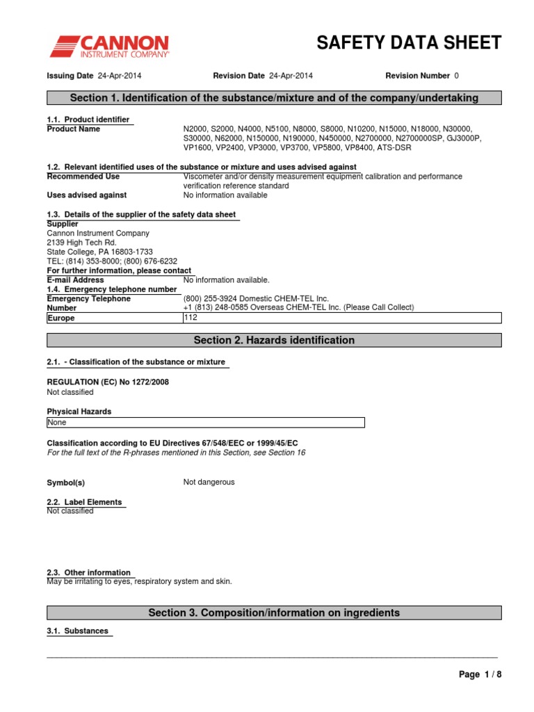 Viscosity Standard Safety Data Sheet | PDF | Dangerous Goods | Chemistry