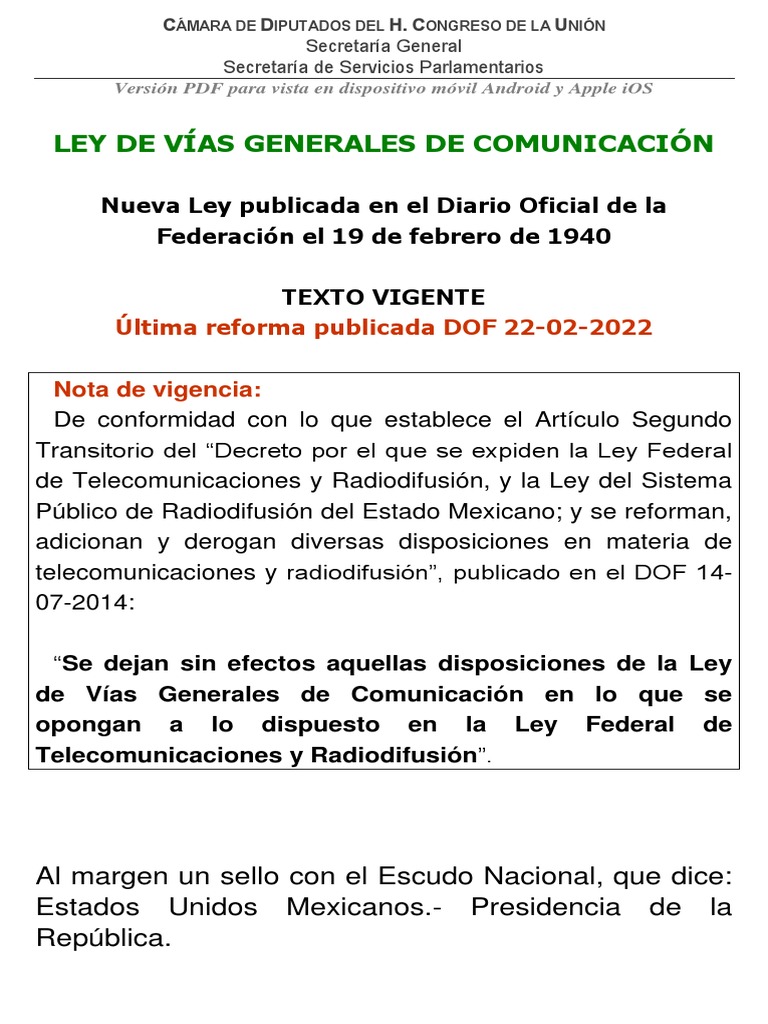 Ley De Vias Generales De Comunicacion PDF M xico Regulaci n