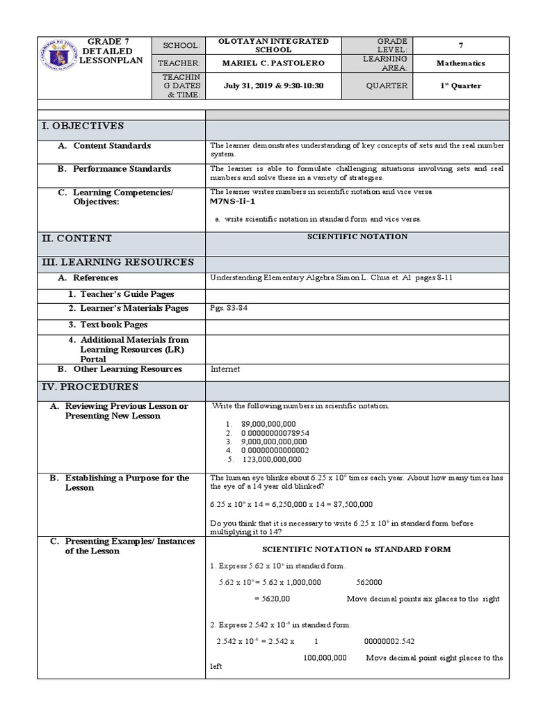7-M7NS-Ii-1 C Scientific Notation-Standardform | PDF | Learning | Numbers