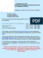 Licensing Act 2003 Notice of Application For A Premises Licence/Variation of Premises Licence