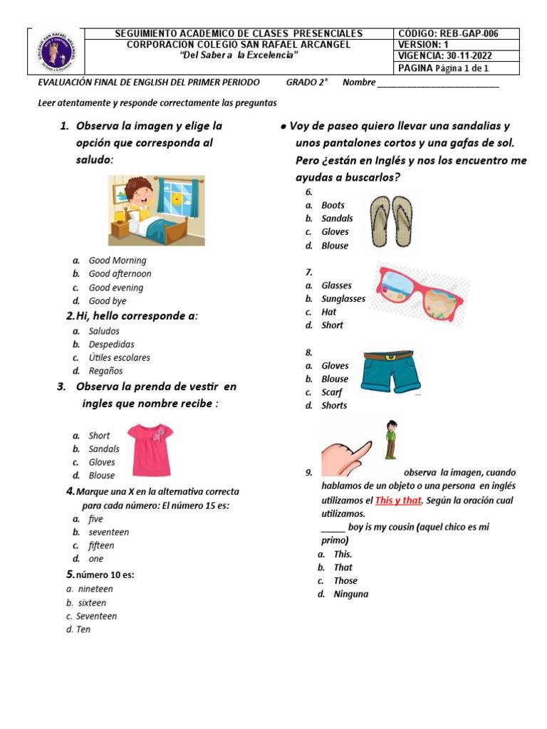 Evaluación Final de English Del Primer Periodo Grado 2 PDF