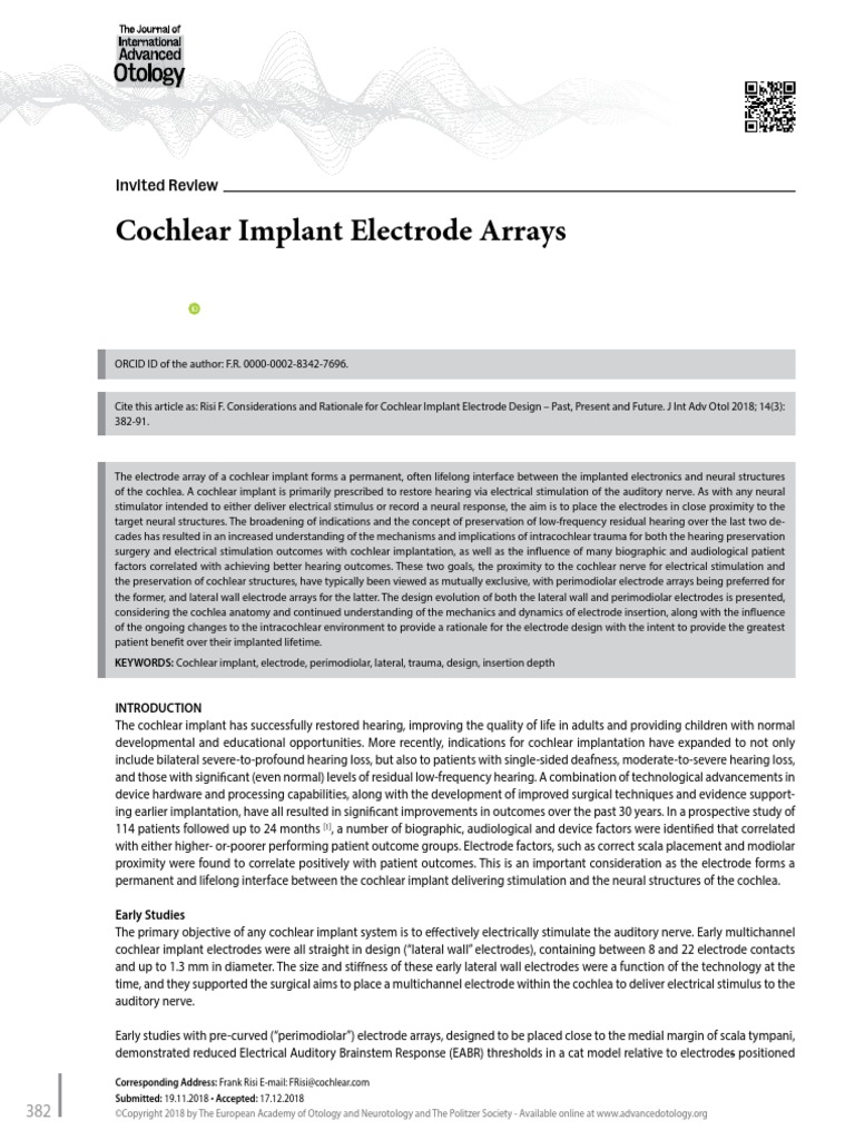Cochlear Implant Electrode Arrays PDF Hearing Auditory System