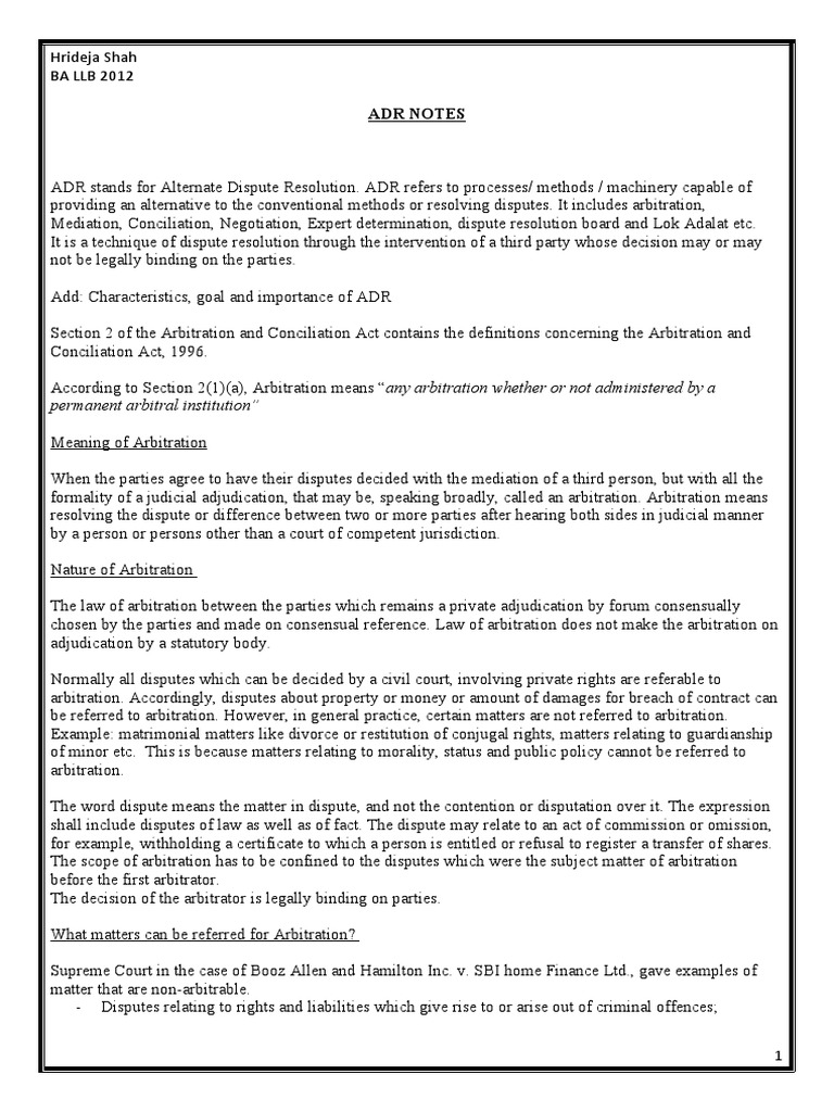 ADR NOTES - Final | PDF | Alternative Dispute Resolution | Arbitration