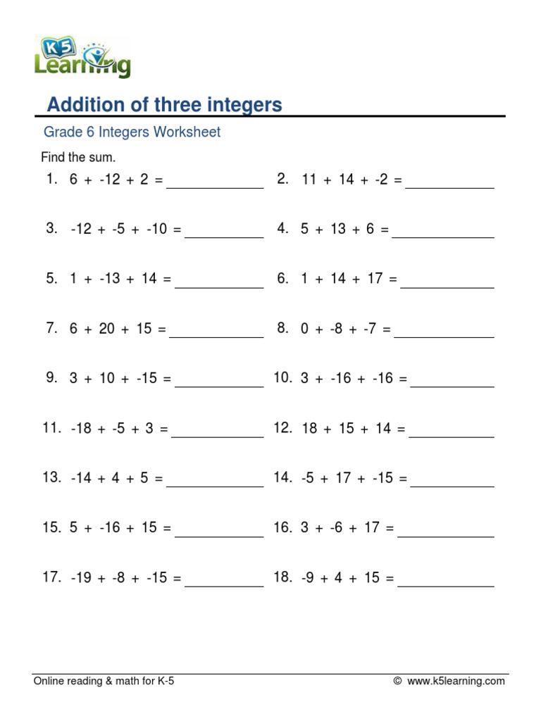 Grade 6 Integer Addition Worksheet | PDF | Computers