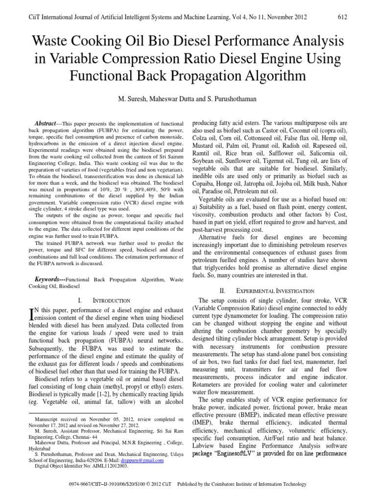Waste Cooking Oil Bio Diesel Performance Analysis in Variable