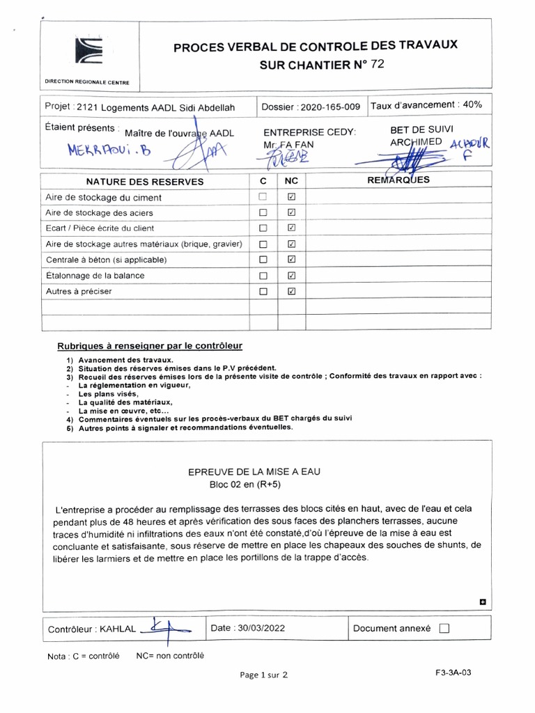 Contrôle des travaux - Chantier N° 72 | PDF | Secteurs de l'économie