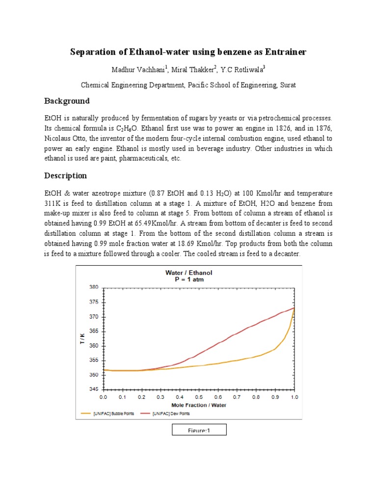 Separation of Ethanol-Water Using Benzene As Entrainer: Background ...